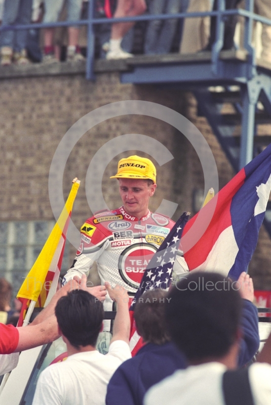 Race winner Kevin Schwantz, Donington Park, British Grand Prix 1991. 