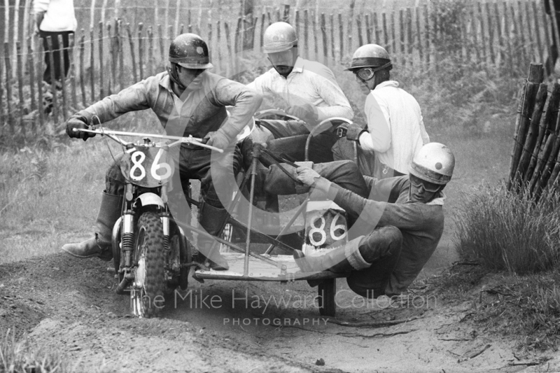 Sidecar action, 1966 motocross meeting, Hawkstone.