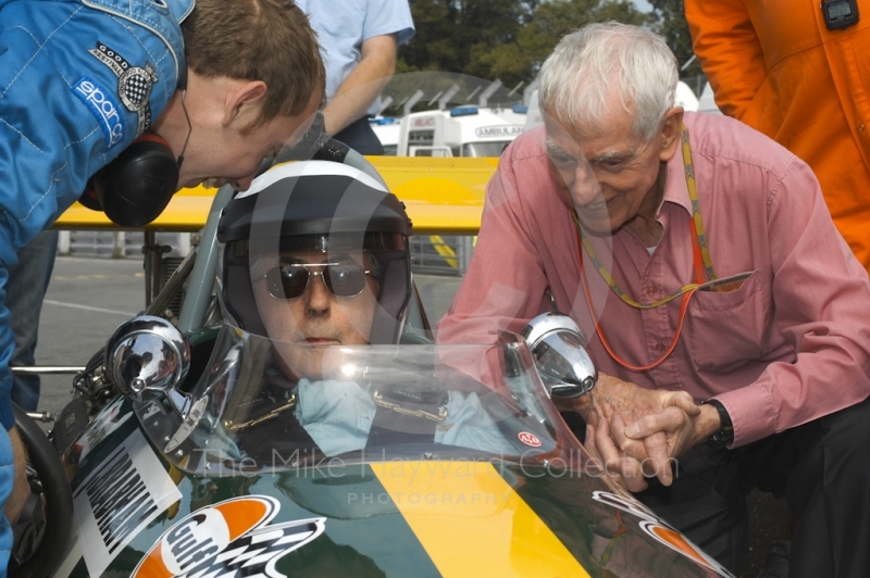 Jack Brabham and Ron Tauranac with a 1969 Brabham BT26, Oulton Park Gold Cup meeting, 2002. 