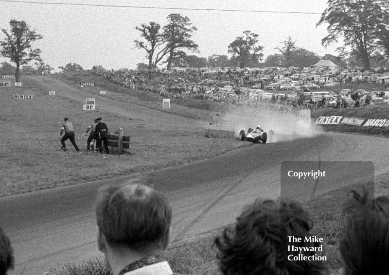 Bruce Johnstone, BRM P578, gets into trouble at Knickerbrook, Oulton Park Gold Cup 1962.
