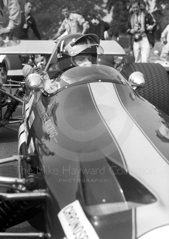 Graham Hill, Roy Winkelmann Lotus 59B, Oulton Park Gold Cup meeting, 1969.
