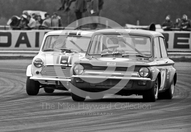 Bill McGovern, George Bevan Sunbeam Imp, and Chris Montague, Mini Cooper S, Silverstone International Trophy meeting 1972.
