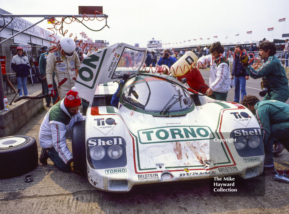 Walter Brunn/Thierry Boutsen, Porsche 956, showing signs of an encounter with one of Silverstone's resident hares, World Endurance Championship, 1985&nbsp;Grand Prix International 1000km meeting.
