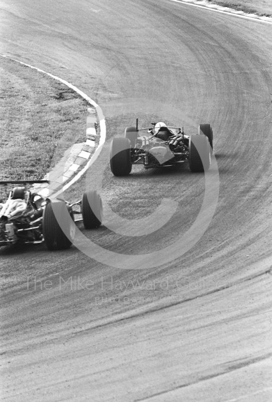 John Surtees, Honda RA301 V12 chased by Jacky Ickx, Ferrari 312 V12, British Grand Prix, Brands Hatch, 1968
