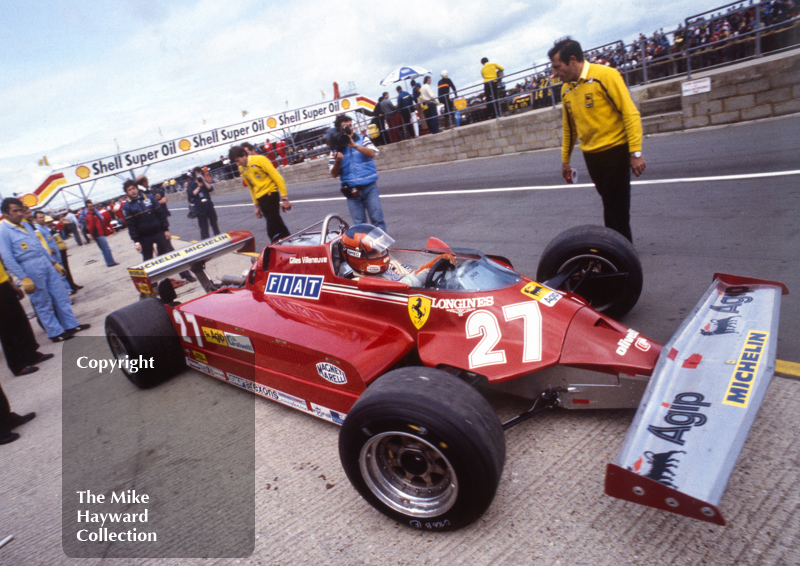 Gilles Villeneuve leaves the pits in a Ferrari 126C, Silverstone, 1981 British Grand Prix.