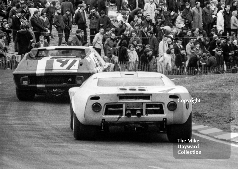 Winning JW Ford GT40 of Jacky Ickx and Brian Redman follows the Julian Sutton/Andrew Hedges 13th place Lotus 47 round Clearways, BOAC 500, Brands Hatch, 1968