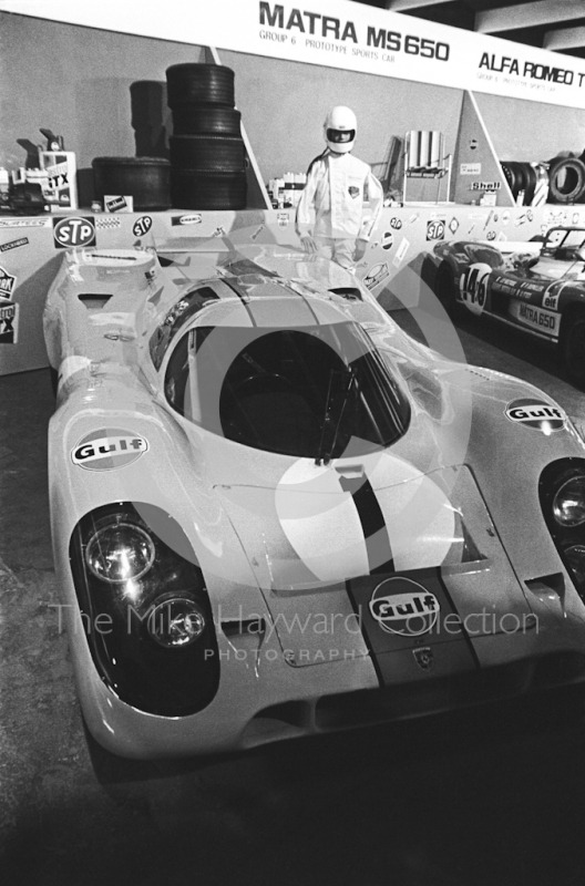 Gulf Porsche 917 sports car at the International Racing Car Show, Olympia, 1971.