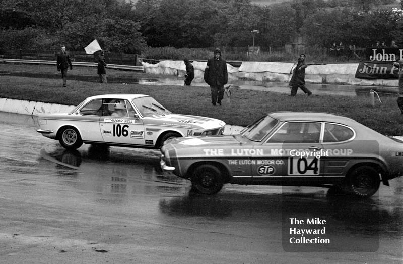Roger Bell, BMW 2002, spins at the hairpin in front of Barrie Boult, Luton Motors Ford Capri, during the Castrol Production Saloon Car Championship Race, Mallory Park, 1972.
