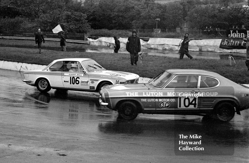 Roger Bell, BMW 2002, spins at the hairpin in front of Barrie Boult, Luton Motors Ford Capri, during the Castrol Production Saloon Car Championship Race, Mallory Park, 1972.
