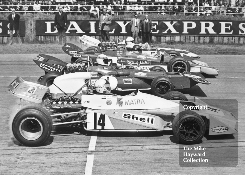 Chris Amon, Matra MS120B, Jackie Stewart, Tyrrell 003, Emerson Fittipaldi, Lotus Turbine 56B, John Surtees, Surtees TS9, 1971 International Trophy, Silverstone.