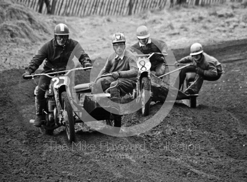 M Searl, Greeves 360, and A Wilkins, WBS 650, ACU British Scramble Sidecar Drivers Championship, Hawkstone Park, 1969.