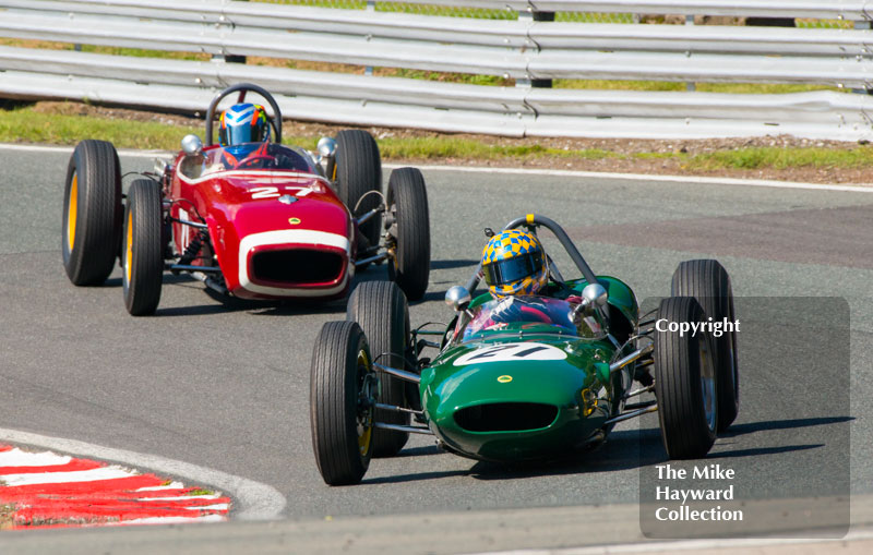 Dan Collins, Lotus 21, leads Ed Morris, Lotus 18, HGPCA Race For Pre 1966 Grand Prix Cars, 2016 Gold Cup, Oulton Park.
