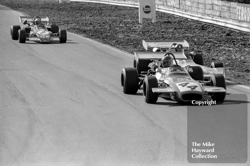 David Morgan, Edward Reeves Brabham BT35-8, leads Wilson Fittipaldi, Elcom Racing Team March 712 and Niki Lauda, STP March 722, Mallory Park, March 12 1972.
