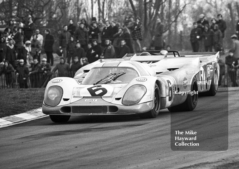 Jo Siffert/Derek Bell, JW Porsche 917K, and Jacky Ickx, Ferrari 312P, Brands Hatch, BOAC 1000k 1971.
