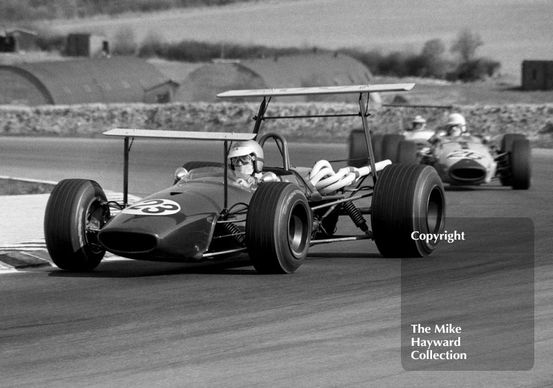 Bill Ivy, Paul Watson Race Organisation Brabham BT23C, followed by Xavier Perrot, Squandra Tartarug Brabham BT23,&nbsp;Thruxton, Easter Monday 1969.
