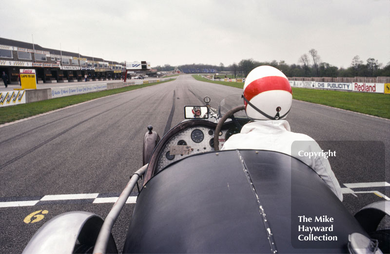 The view to Redgate for M Fountain, Riley 9,&nbsp;on the front row of the grid, VSCC Donington May 1979
