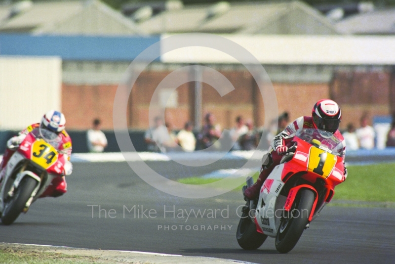 Wayne Rainey, Marlboro Team Roberts Yamaha, leads Kevin Schwantz, Team Lucky Strike Suzuki, Donington Park, British Grand Prix 1991.