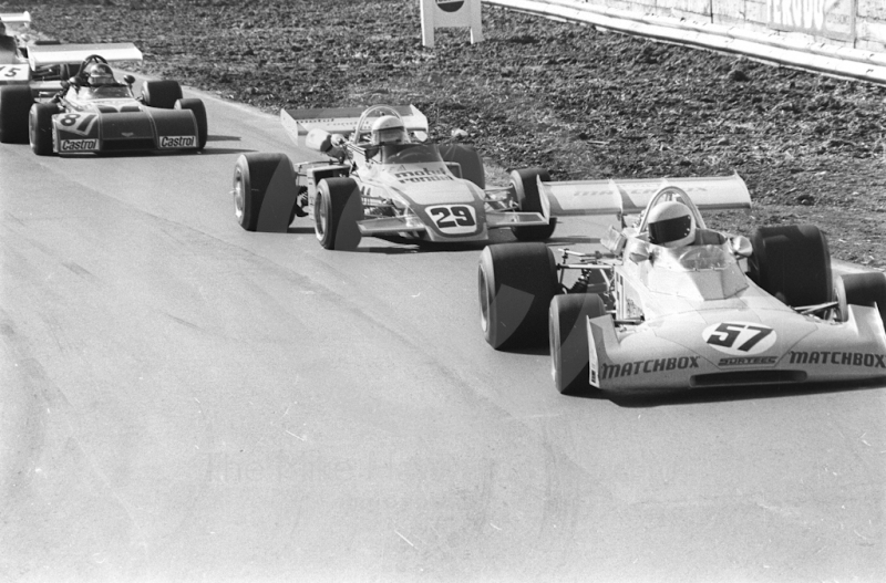 Mike Hailwood, Matchbox Surtees TS10-01; Bob Wollek, Motul Brabham BT38-12; and Peter Gethin, Chevron B20, Mallory Park, Formula 2, 1972.

