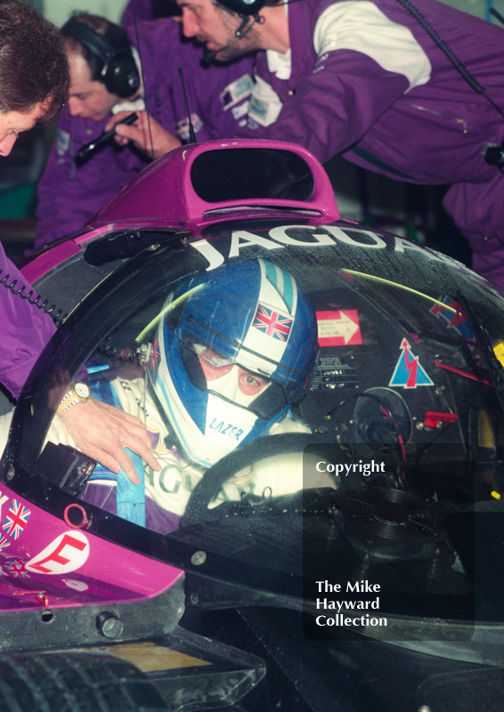 Derek Warwick, Silk Cut Jaguar XJR-14 Cosworth V12, in the pits, Castrol BRDC Empire Trophy, World Sports Car Championship, Silverstone, 1991.