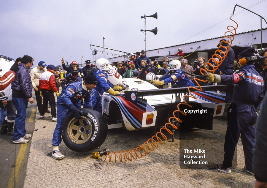Lancia LC2 pit stop, World Endurance Championship, 1985&nbsp;Grand Prix International 1000km meeting, Silverstone.
