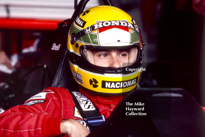 Ayrton Senna, McLaren MP4/5, Honda V10, during practice for the British Grand Prix, Silverstone, 1989.
