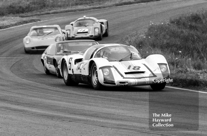 Bill Bradley, Porsche 906, leads John Miles, Lotus 47, John Lepp, Chevron B8 and Jeff Edmonds, Porsche 906, 1968 Tourist Trophy, Oulton Park.
