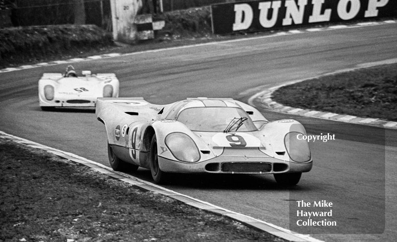 Jo Siffert/Brian Redman JW Porsche 917 and Ecurie Evergreen Porsche 908 of Alain de Cadenet/Jorge de Rio,&nbsp;BOAC 1000kms, Brands Hatch, 1970.
