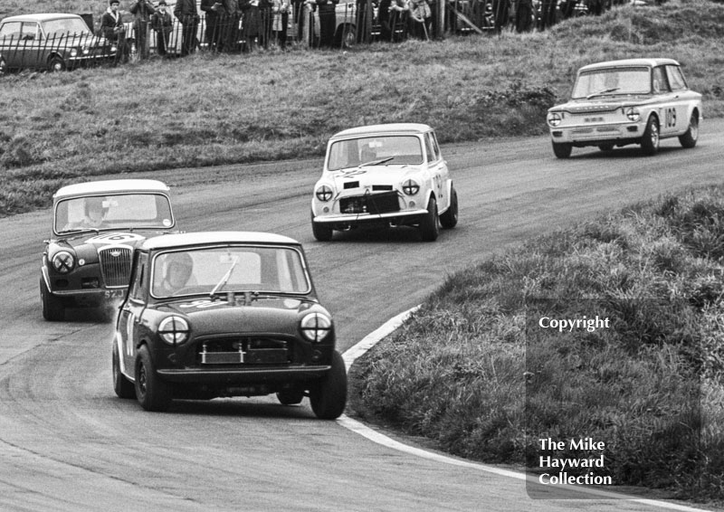 Harry Ratcliffe, Vitafoam Mini Cooper S,&nbsp;Alec Poole, Wolseley Hornet, Ken Costello, Cripspeed Mini Cooper S,&nbsp;and Bernard Unett, Alan Fraser Hillman Fraser Imp,&nbsp;Redex Special Saloon Car Championship, BRSCC Â£1000 meeting, Oulton Park, 1967.
