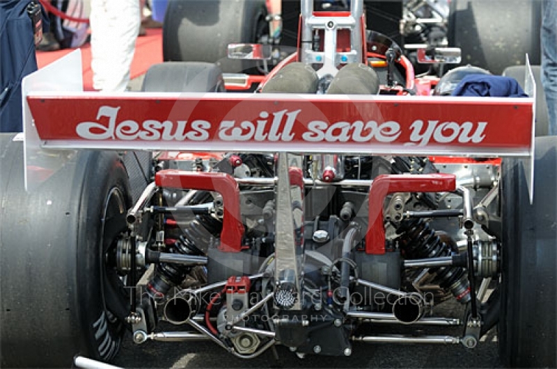 Rear view of Formula One car queueing in the paddock for the Grand Prix Masters Race, Silverstone Classic 2009.