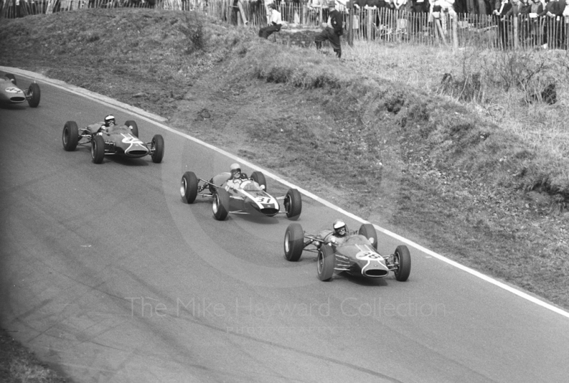 Piers Courage, Charles Lucas Brabham BT10; Warwick Banks, Tyrrell Cooper T76; and Peter Gethin, Charles Lucas Lotus 22; Formula 3 race, Oulton Park Spring Race meeting, 1965.
