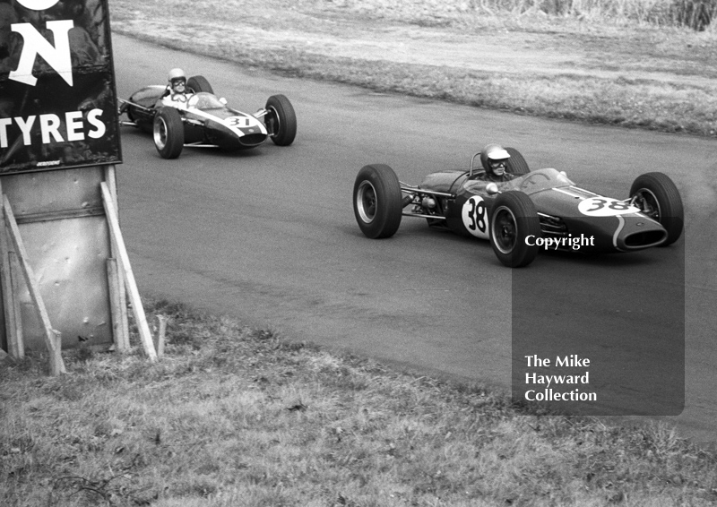 Piers Courage, Charles Lucas Brabham BT10, and Warwick Banks, Cooper T76, Formula 3 race, Oulton Park Spring Race meeting, 1965.
