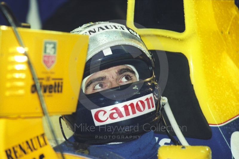 Damon Hill, Williams Renault FW15C, in the pit garage at Silverstone for the 1993 British Grand Prix.
