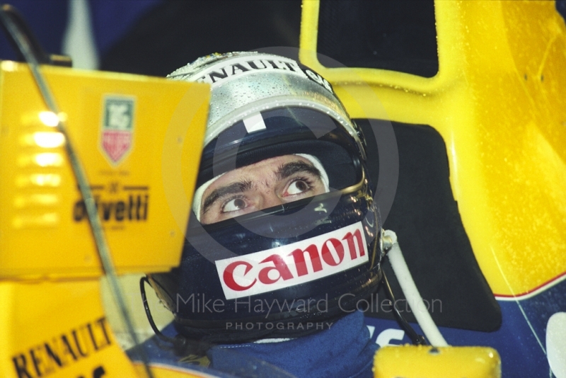 Damon Hill, Williams Renault FW15C, in the pit garage at Silverstone for the 1993 British Grand Prix.
