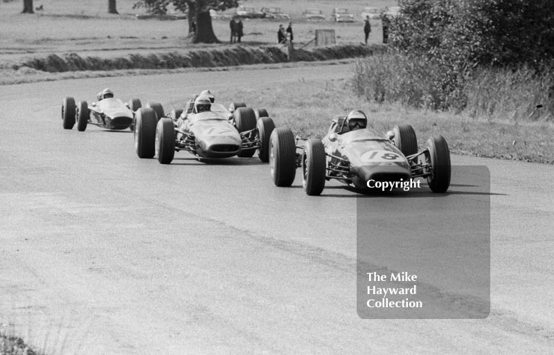 Jochen Rindt brakes hard for Esso Bend in his F2 Roy Winkelmann Brabham BT16 Cosworth ahead of Alan Rees, BT16,&nbsp;Denny Hulme and John Surtees, Lola T60, Oulton Park Gold Cup, 1965
