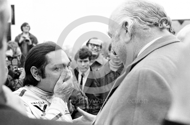 Pedro Rodriguez talks to Louis Stanley after winning in his Yardley BRM P160, Oulton Park Rothmans International Trophy, 1971.
