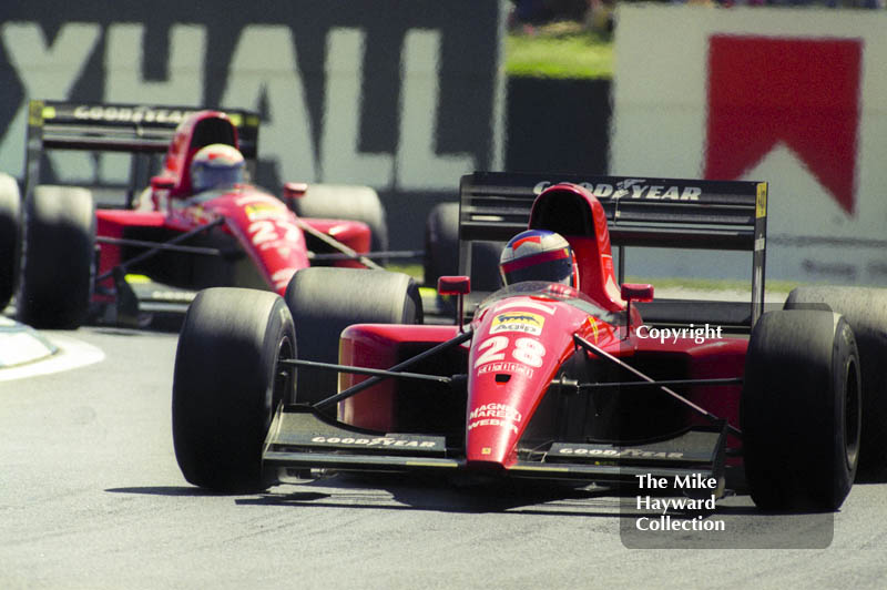 Jean Alesi, Ferrari 643, leads Alain Prost, Ferrari 643, Silverstone, British Grand Prix 1991.
