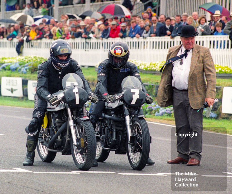 Damon Hill and Barry Sheene on Manx Nortons prepare to leave the grid for the Lennox Cup race, Goodwood Revival, 1999
