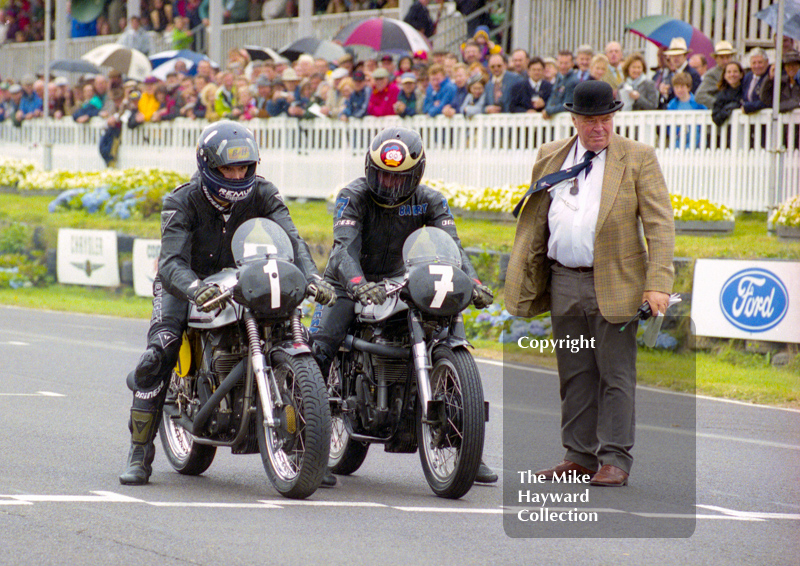 Damon Hill and Barry Sheene on Manx Nortons prepare to leave the grid for the Lennox Cup race, Goodwood Revival, 1999
