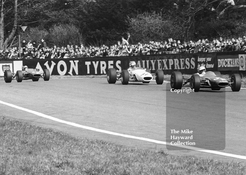 Morris Nunn, Astrali Lotus 41, leads Tony Lanfranchi, Ken Bass Racing Merlyn Mk 10A, and Chris Craft, Tecno, BRSCC Trophy, Formula 3, Oulton Park, 1968.
