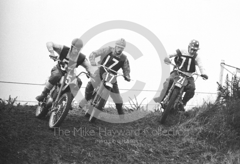 Trio of riders, motorcycle scramble at Spout Farm, Malinslee, Telford, Shropshire between 1962-1965