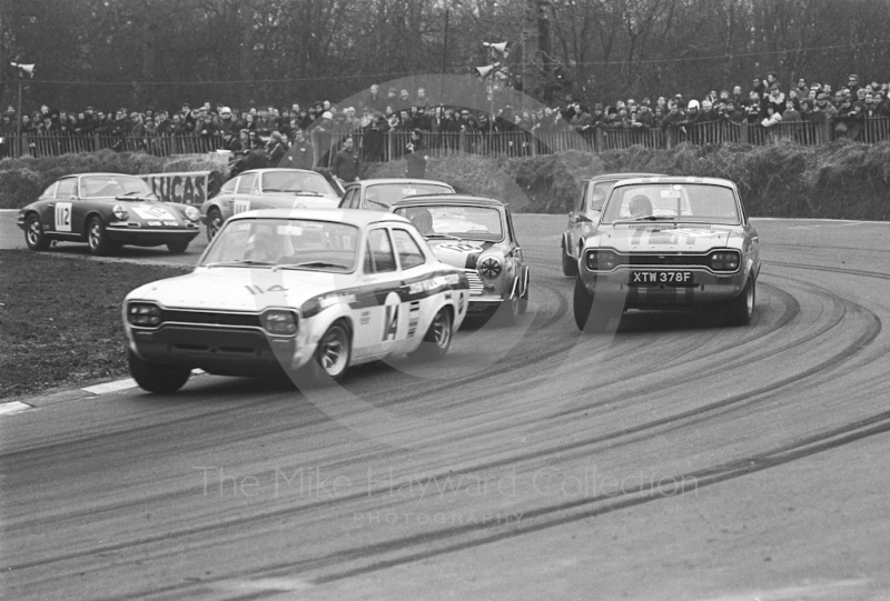Mike Crabtree, Willment Ford Escort; Roger Taylor, Ford Escort (XTW 378F); and Gordon Spice, Britax Cooper Downton Mini Cooper S; Brands Hatch, Race of Champions meeting 1969.
