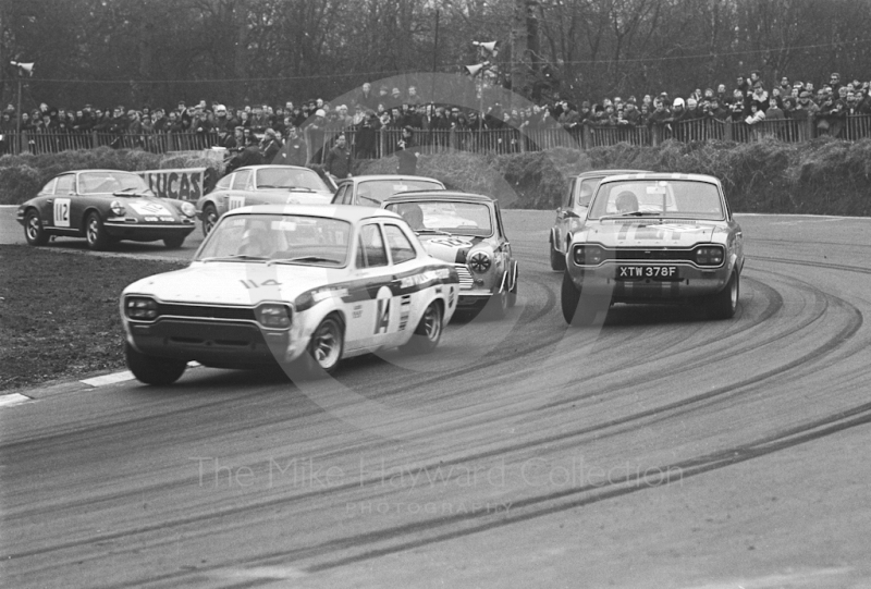 Mike Crabtree, Willment Ford Escort; Roger Taylor, Ford Escort (XTW 378F); and Gordon Spice, Britax Cooper Downton Mini Cooper S; Brands Hatch, Race of Champions meeting 1969.
