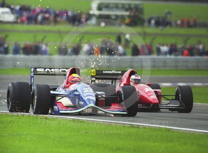 Mauricio Gugelmin, Sasol Jordan Yamaha 192&nbsp;V12, Ivan Capelli, Ferrari F92A, during race day warm-up, 1992 British Grand Prix, Silverstone.
