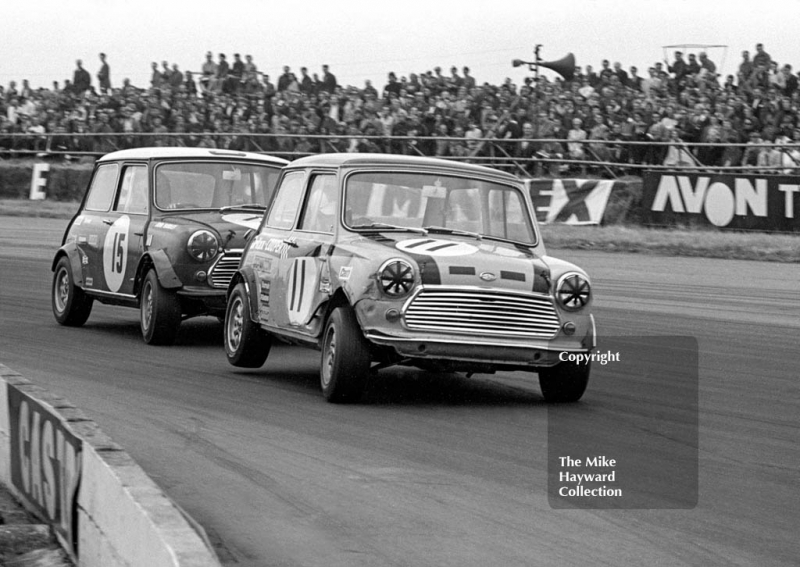 Steve Neal, Britax Cooper Downton, and John Handley, British Leyland Mini Cooper S, Silverstone, British Grand Prix meeting 1969.
