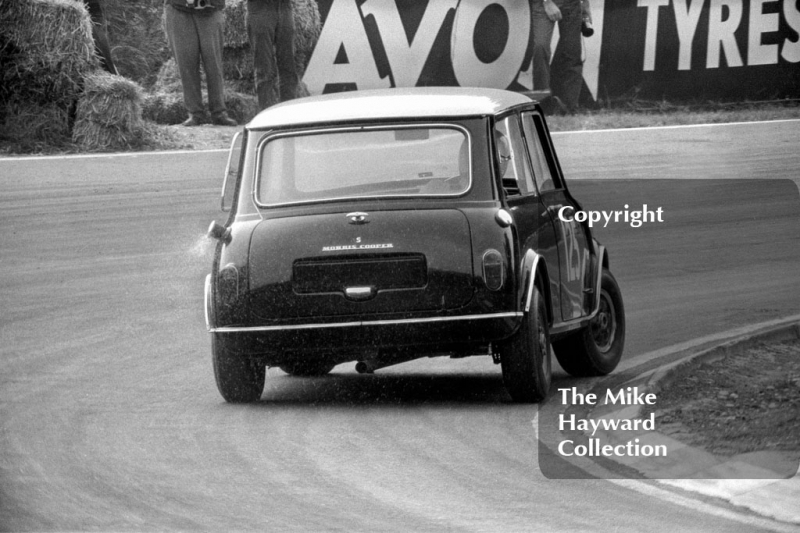 John Handley, Cooper Car Company Mini Cooper S, at Druids Hairpin, British Touring Car Championship Race, Guards International meeting, Brands Hatch 1967.
