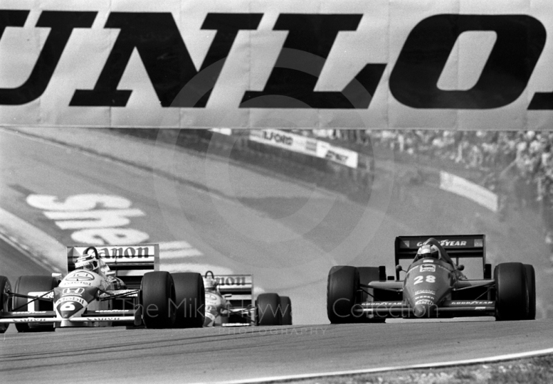 Nelson Piquet, Williams Honda; Nigel Mansell, Williams Honda; and Stefan Johansson, Ferrari F186, Brands Hatch, British Grand Prix 1986.
