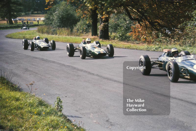 Jochen Rindt leads Denny Hulme and Alan Rees, all in Brabham BT16's at the Oulton Park Gold Cup, 1965.
