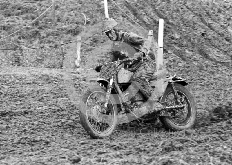 Rider covered in mud, Hatherton Hall Farm motocross, 1967.