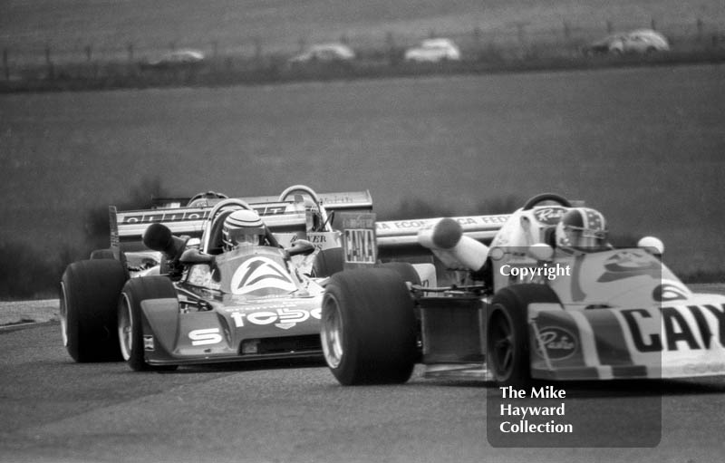 Riccardo Patrese, Trivellatto Racing Team Chevron B35, follows Alex Ribeiro, March BMW 772P, F2 International, Thruxton, 1977.
