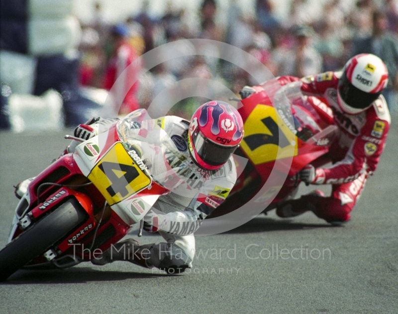 Niall Mackenzie, Yamaha Sonauto Mobil 1, leads Eddie Lawson, Cagiva, Donington Park, British Grand Prix 1991.